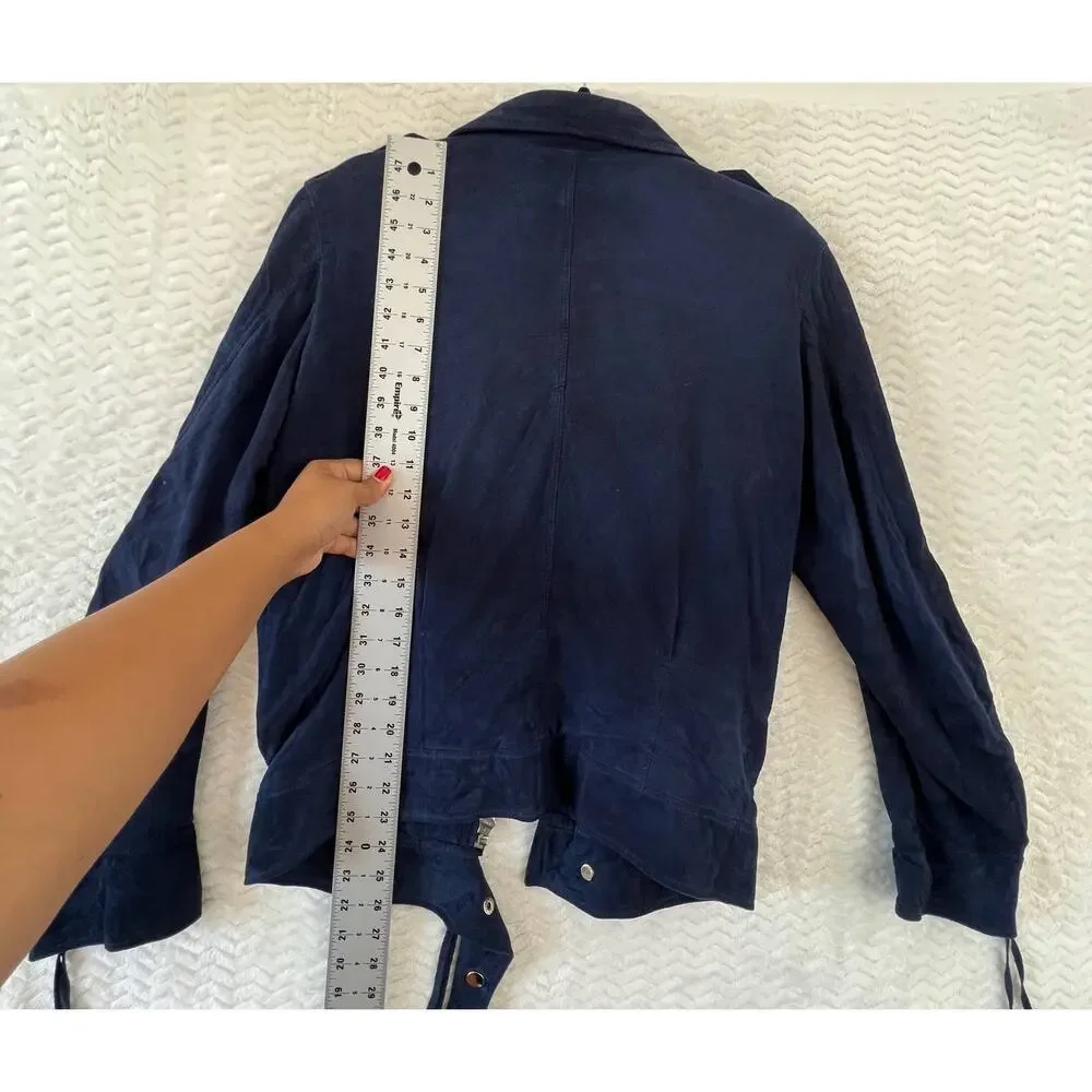 Martin Asbjorn Suede Leather Fringe Moto Biker Jacket Navy Blue Silver Sz Large - Picture 14 of 16